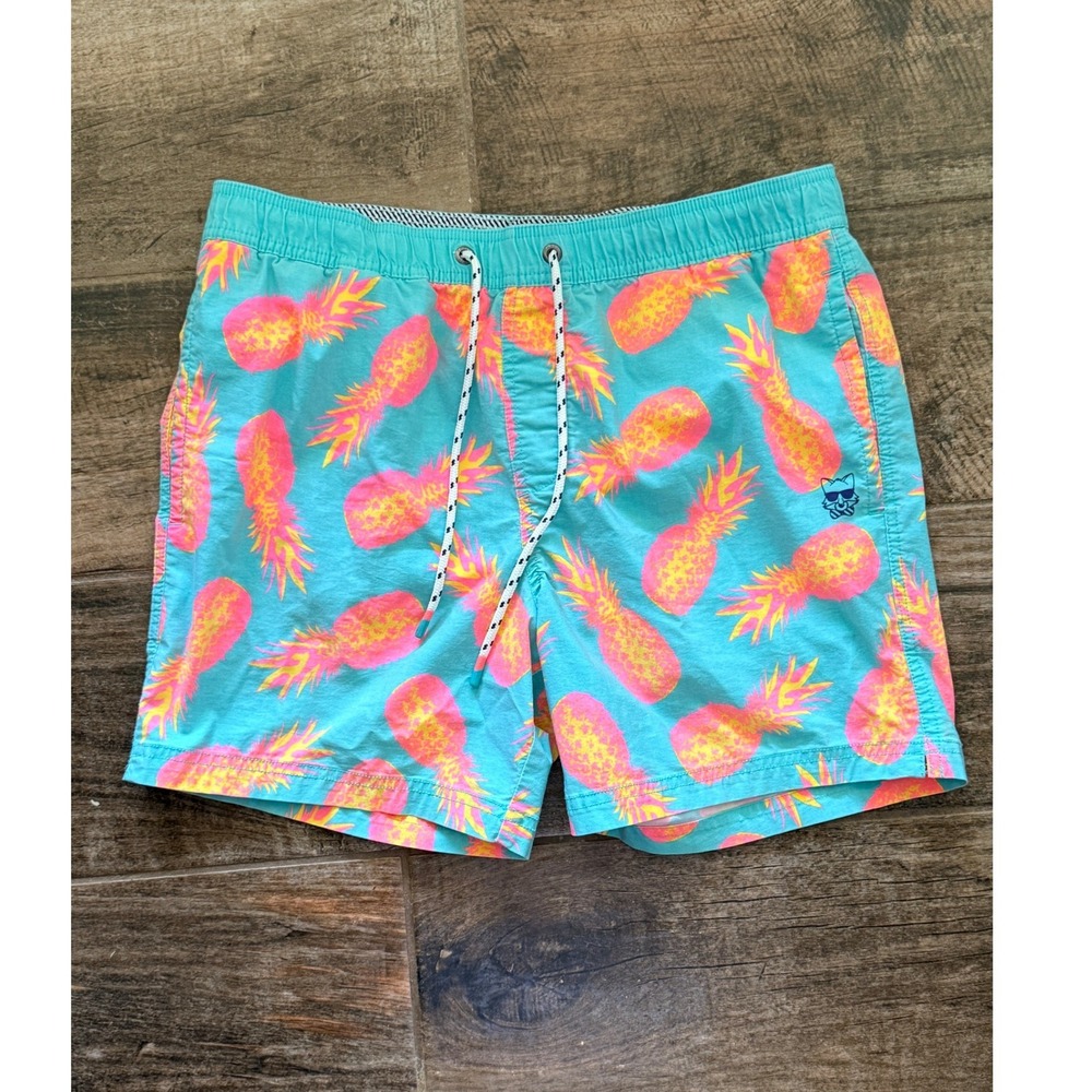 Party Pants Mens Napzilla Pineapple Print Party Starter 6" Swim Short, Teal, L